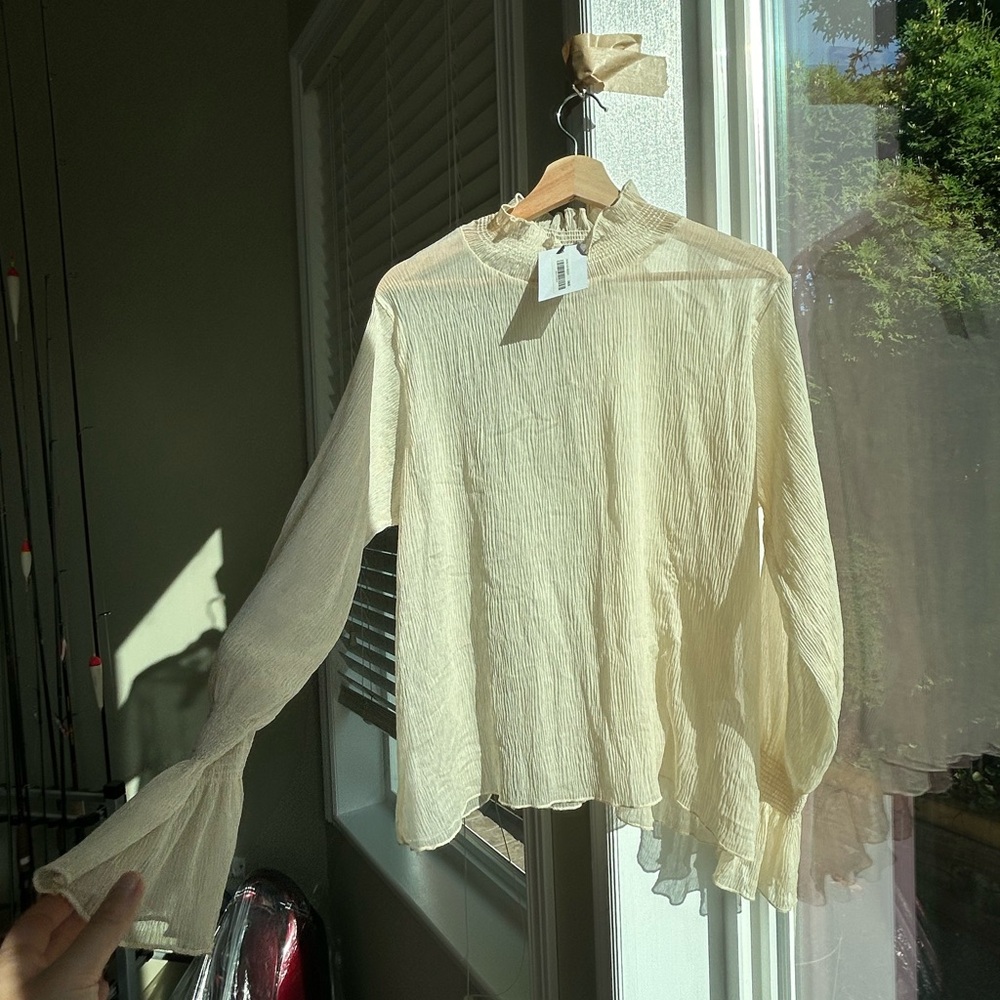 NEW oak and fort high neck sheer pleated long sleeve blouse